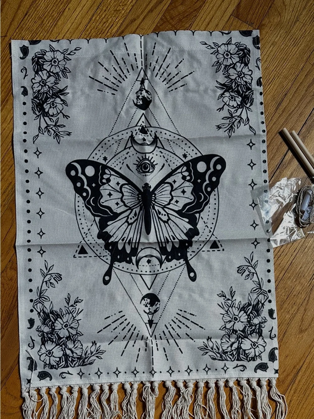 Butterfly celestial fringe Tapestry with Wooden Dowels and Connector